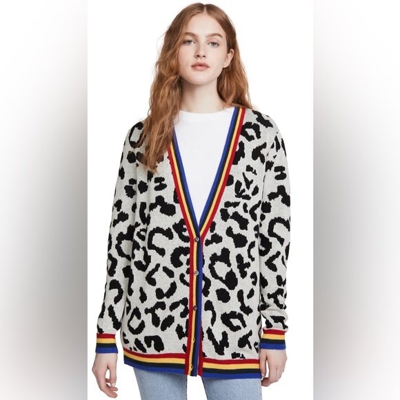 Cashmere and Silk Madeleine Thompson Belle Leopard Rainbow Striped Cardigan Sz S - Picture 1 of 10